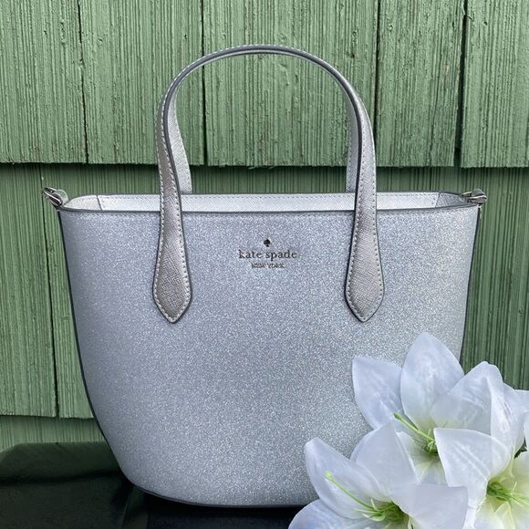KATE SPADE Silver Glimmer Satchel Crossbody Bag Purse - Picture 1 of 13